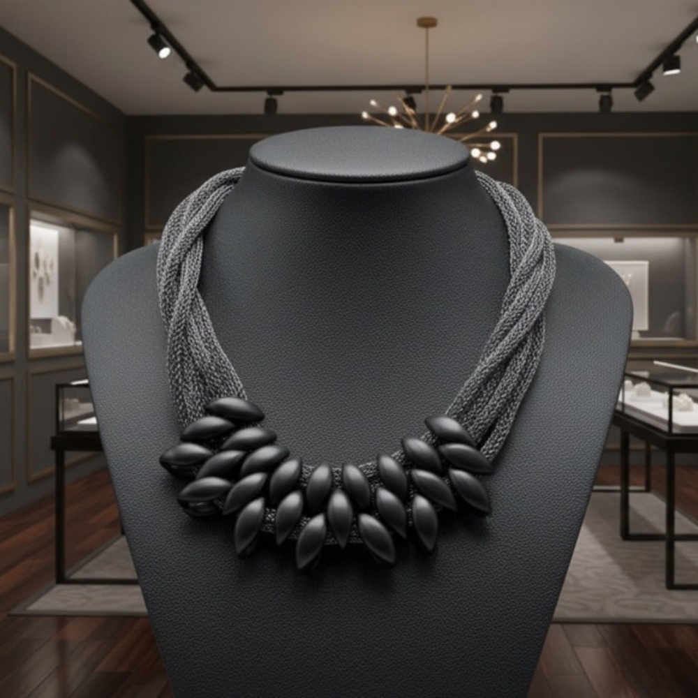 Womens Multi Strand Mesh Black Pendant Statement Necklace